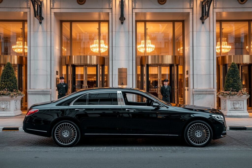 Black luxury sedan parked on a street in front of an ornate hotel entrance with marble pillars and chandeliers inside.