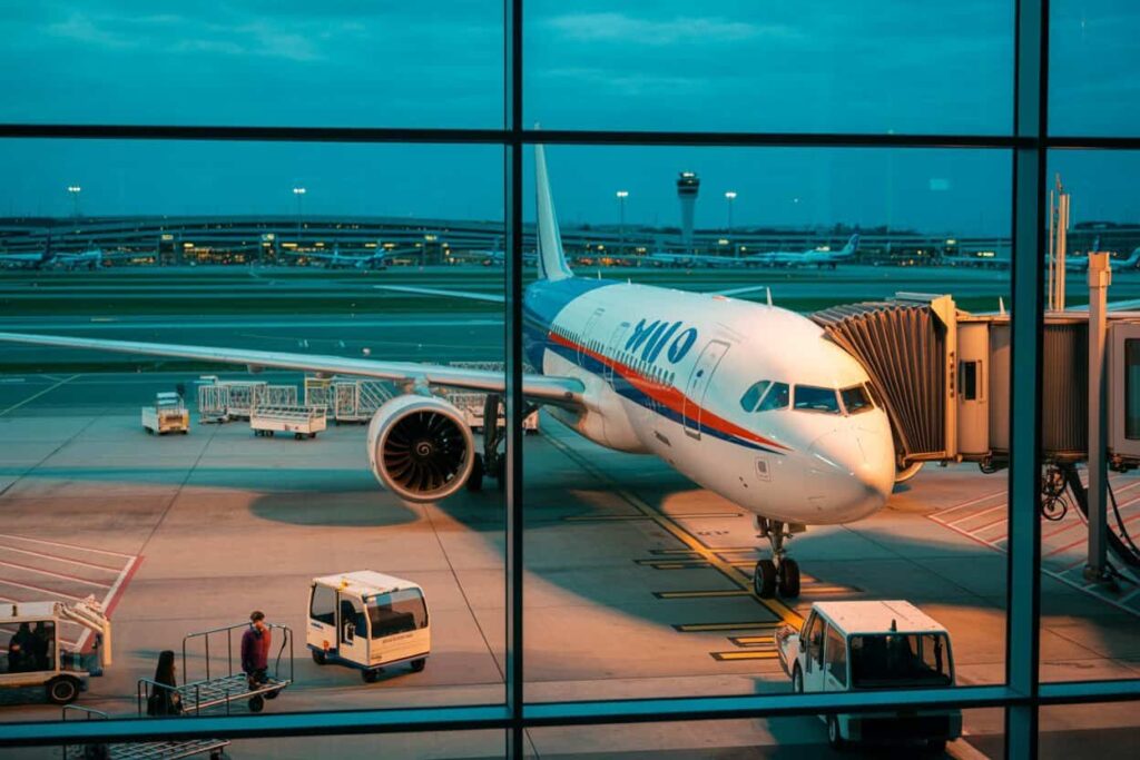 Airplane parked at gate with jet bridge connected, ground crew and vehicles nearby at a busy airport tarmac.