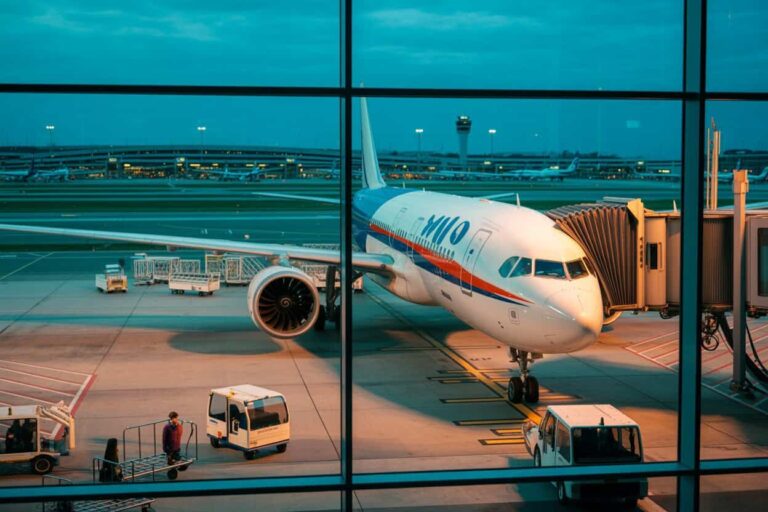 Airplane parked at gate with jet bridge connected, ground crew and vehicles nearby at a busy airport tarmac.