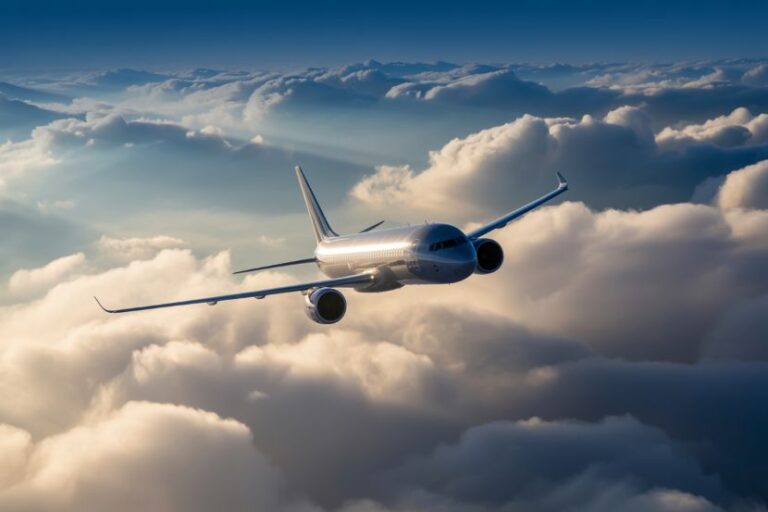 Commercial airliner cruising above a sea of white clouds in a blue sky.