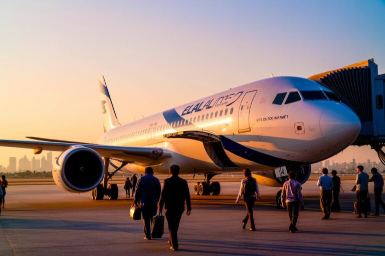Passengers approach a large El Al aircraft at the gate during sunset, jet bridge connected to the plane's door.