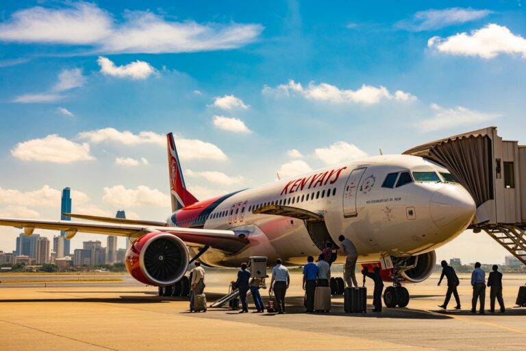 Kenya Airways plane parked at a gate with a jet bridge as passengers load luggage and crew assist at the tarmac