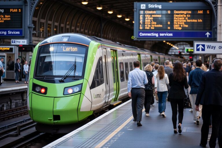 Green and white Lumo train at a busy platform with passengers boarding nearby.