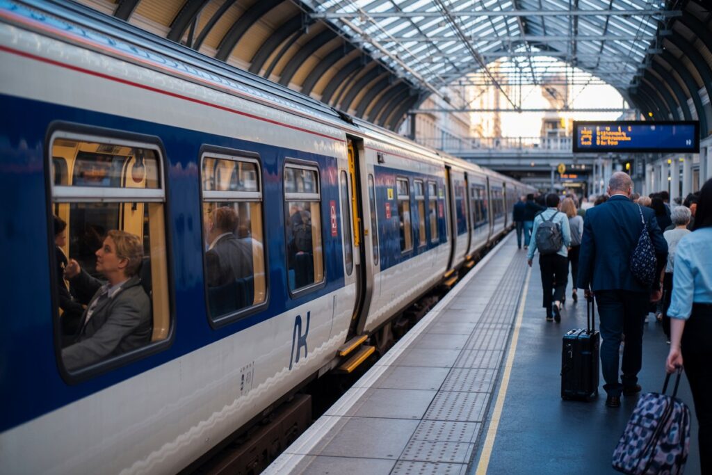 Blue commuter train at a glass-covered station platform with passengers boarding and waiting.