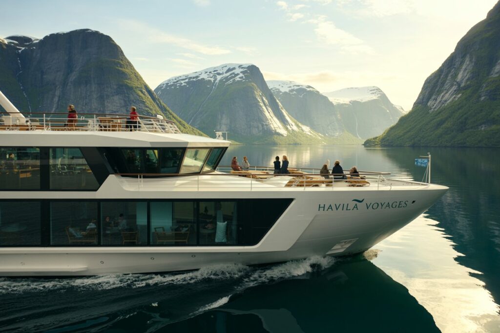 Cruise ship Havila Voyages with its name on the bow sailing through a calm fjord surrounded by snow-capped mountains, blue sky above.