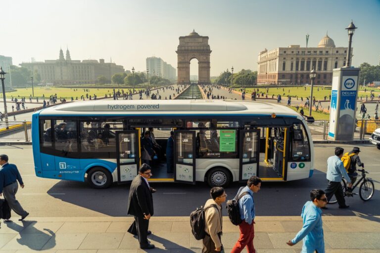 Hydrogen-powered city bus with doors open waiting on a busy street near India Gate; pedestrians and cyclists pass by on a sunny day.