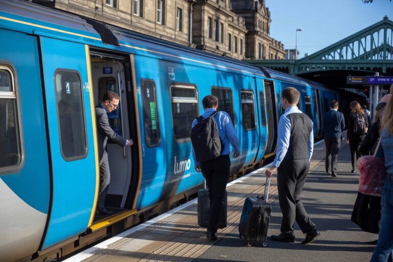 Blue commuter train at platform with doors open as passengers board and luggage nearby