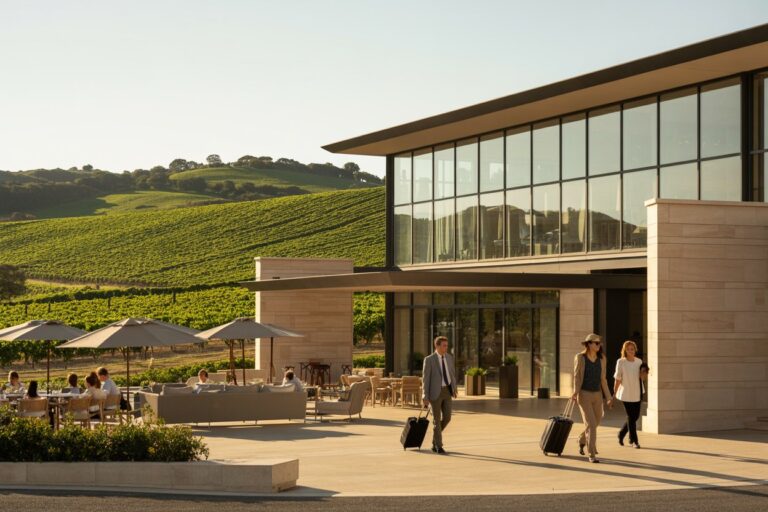 Modern glass-front building with outdoor lounge seating under umbrellas; people with rolling suitcases walk across a paved area with green vineyard hills in the background