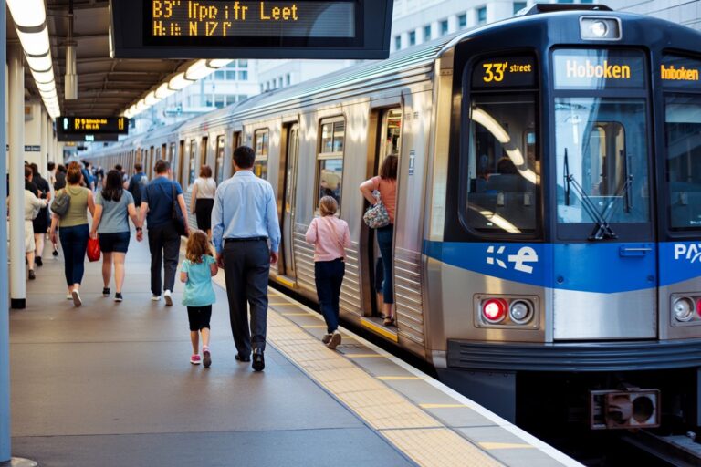 Busy subway platform with a blue and silver train arriving; passengers board via open doors.