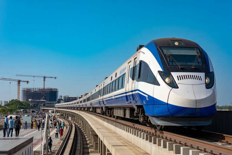 High-speed blue and white train on an elevated track with a bustling platform and pedestrians nearby under a clear blue sky, construction cranes in the distance.