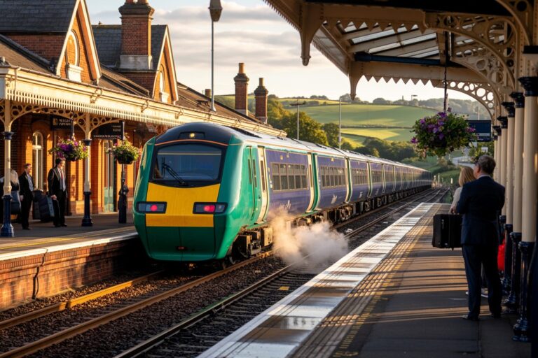 A modern green and yellow passenger train arriving at a brick railway station, passengers with luggage waiting on the platform.