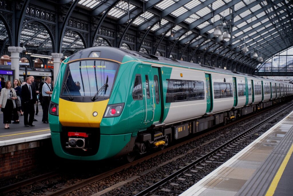 Green and yellow passenger train at a platform with people waiting nearby under a glass roof of a station Arching metal framework overhead