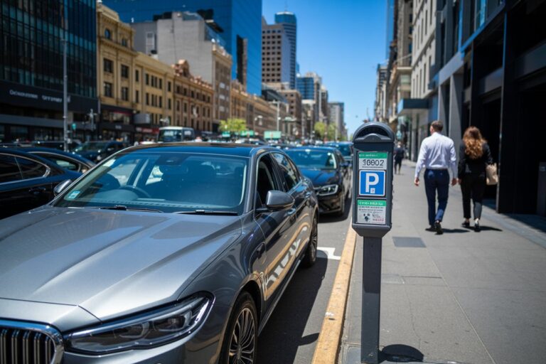 City street with a silver sedan parked at the curb and a blue parking meter on the sidewalk; pedestrians walk by on the right.