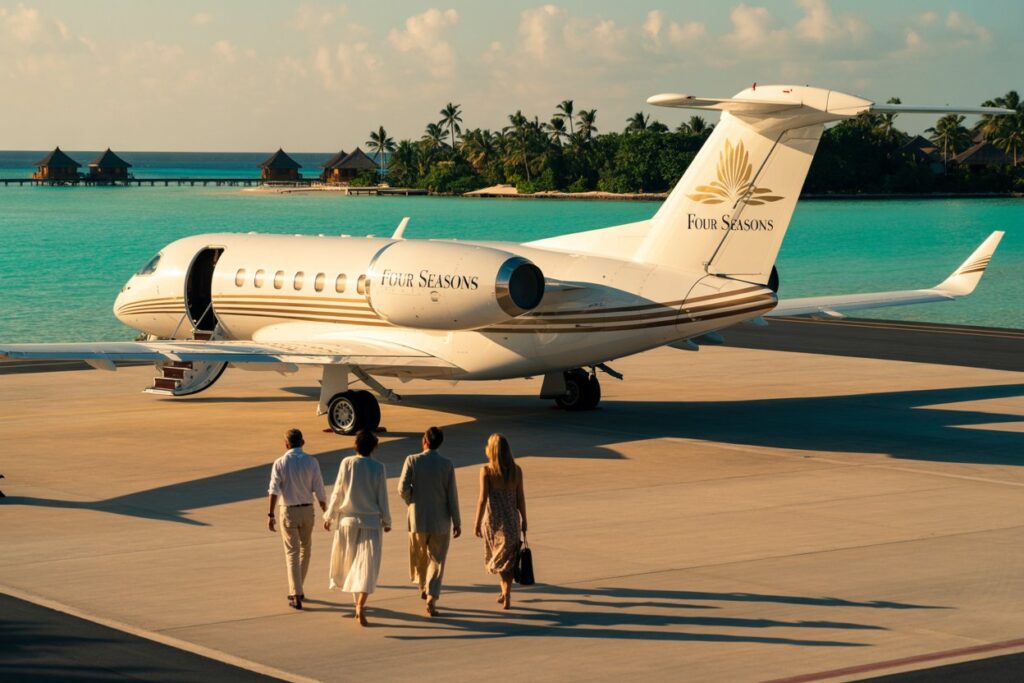 Four Seasons private jet parked on a sunny tarmac as four guests walk toward it by a turquoise sea and resort backdrop.
