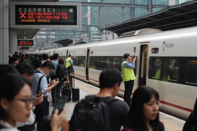 Crowded train platform with a white high‑speed train at right; a staffer in a yellow vest photographs the train as passengers with luggage wait nearby.