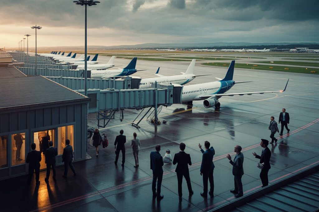 Row of parked airplanes at terminals along a jet bridge, with business travelers walking on a wet tarmac at sunset sun.