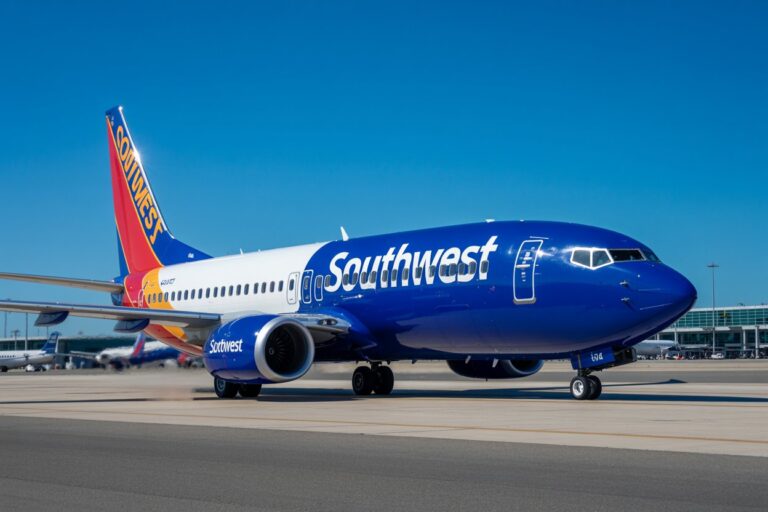 Southwest Airlines jet on the runway with blue and white livery and large ‘Southwest’ logo on the fuselage