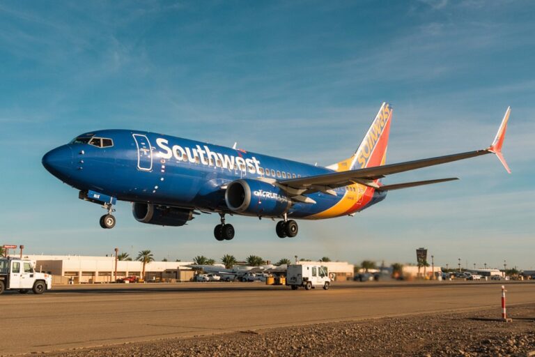 Southwest Airlines plane lifting off from runway during takeoff, blue fuselage and orange tail visible beneath clear sky.