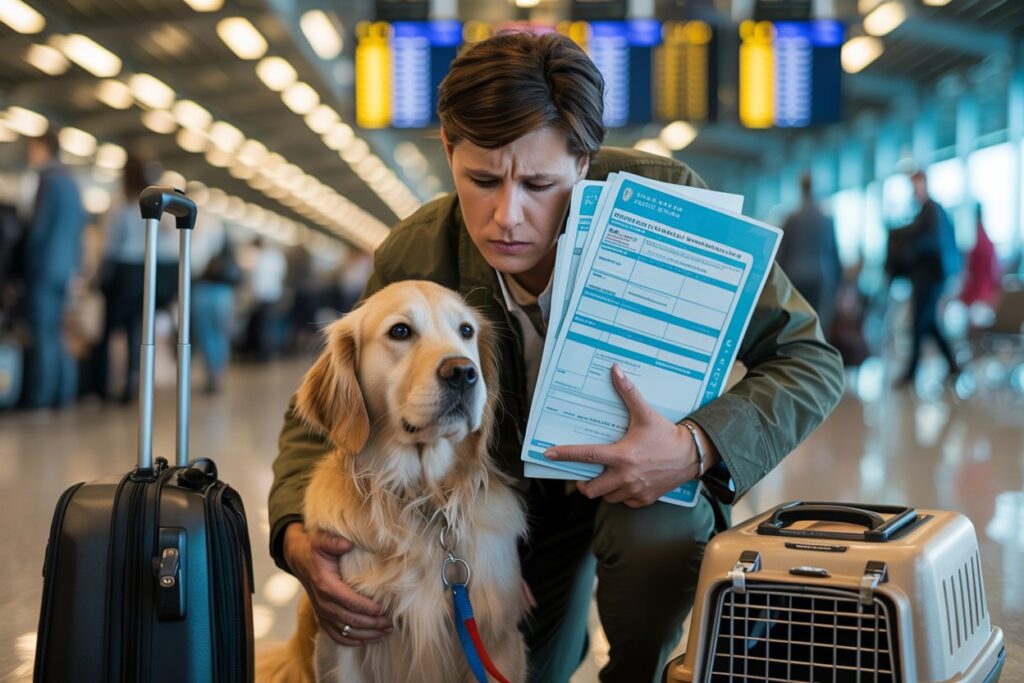 Man crouches with a golden retriever at an airport, holding blue forms and a stack of papers beside two suitcases.
