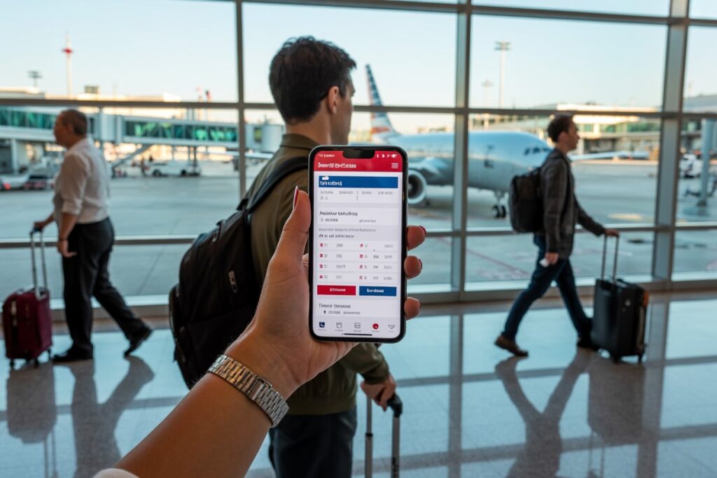 Person holds smartphone showing a travel app at an airport terminal, with passengers and planes in the background.