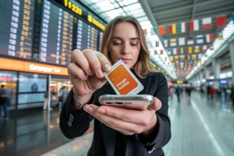 Woman in an airport inserts an orange 'orange holiday' SIM card into her phone.