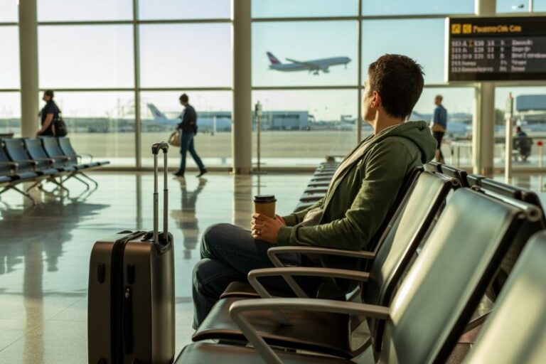 Man sits in a modern airport terminal with a suitcase, holding a coffee while a plane takes off outside.