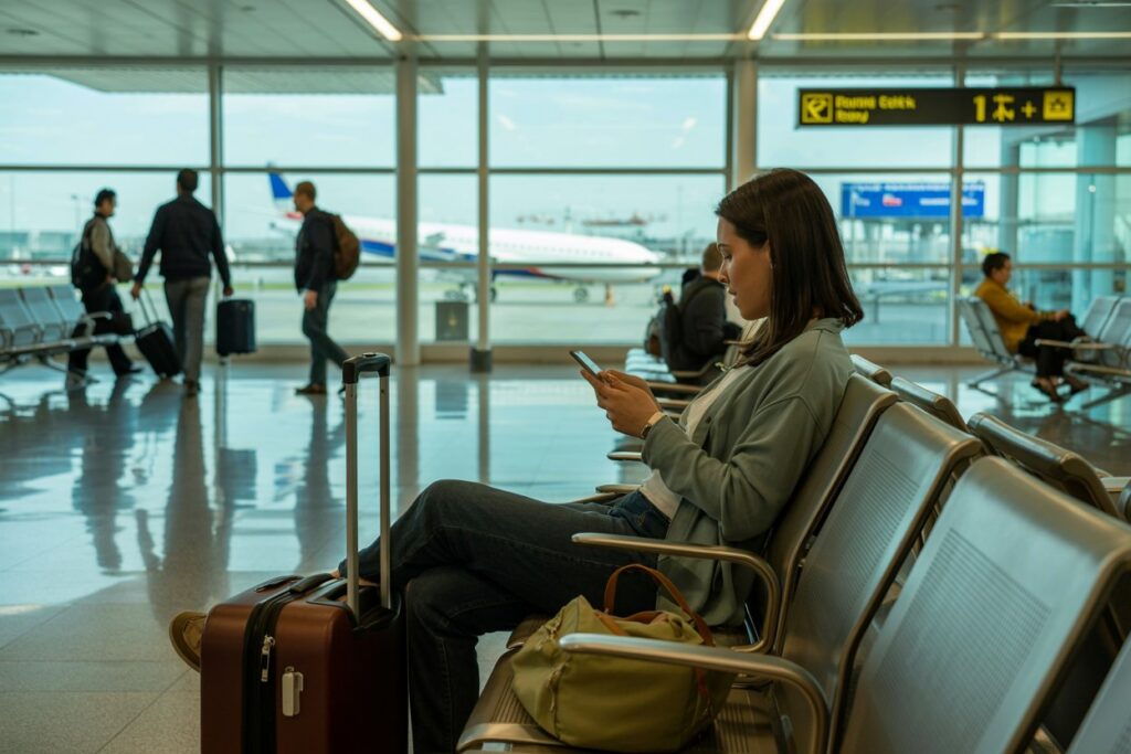 Woman sitting in an airport terminal, scrolling on her phone with a suitcase and bag beside her in the chair area.