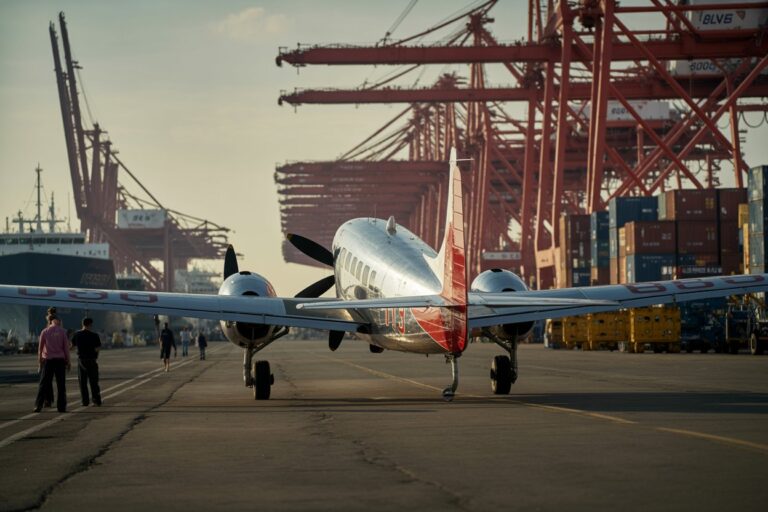 Twin-engine propeller airplane parked on a runway with a busy container port and red cranes in the background.