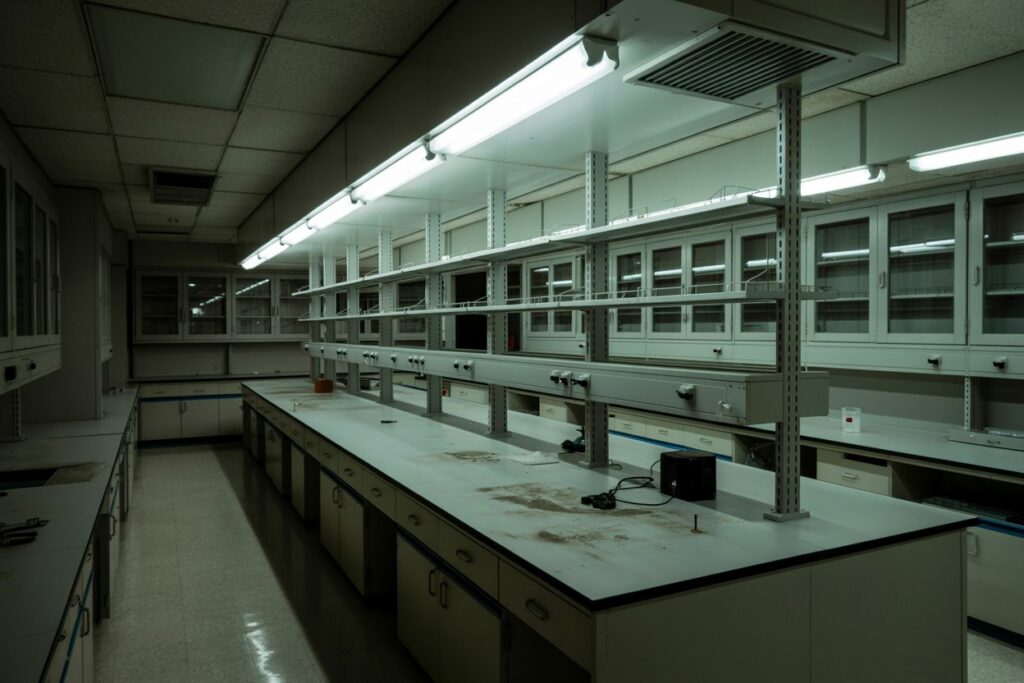 Empty university science lab with long benches, storage cabinets, and overhead shelving under fluorescent lights; dusty work surfaces.