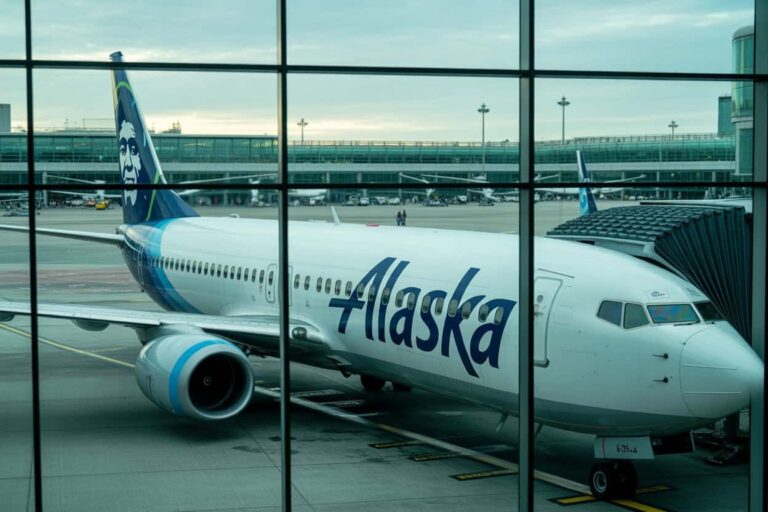 Alaska Airlines plane at the gate, seen through window panes, with jet bridge connected to the forward door and the airline's logo visible on the tail.