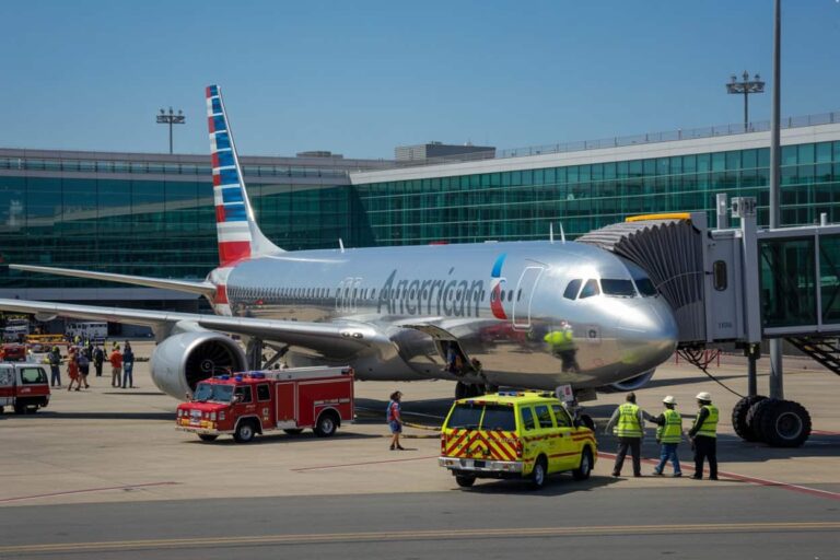 American Airlines jet at the gate with a jet bridge connected; ground crew and emergency vehicles on the tarmac.