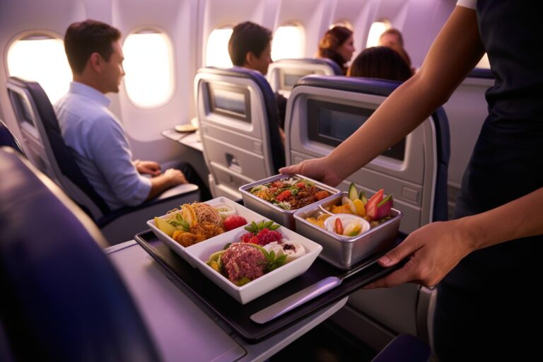 Flight attendant serves a tray of assorted airline meals on a foldable tray in an airplane cabin.