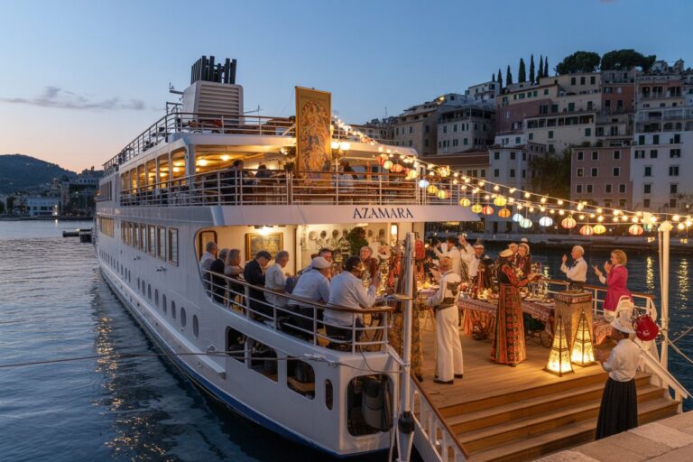 A white two-deck cruise ship named AZAMARA with passengers dining on the lower deck as lanterns hang along the upper deck at sunset by a coastal town hillside.