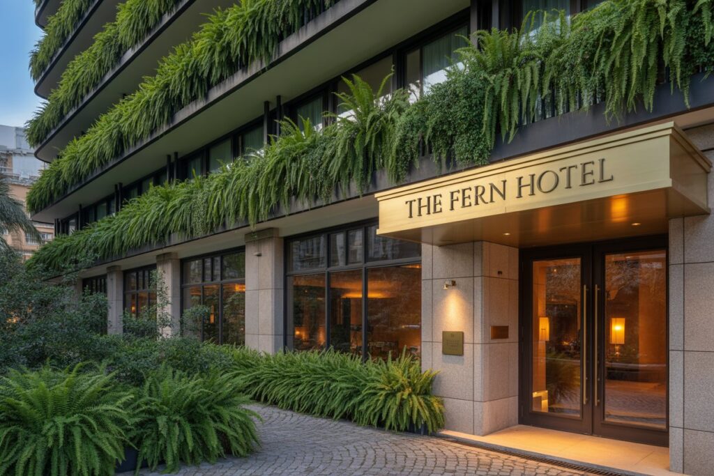 Exterior of The Fern Hotel entrance framed by lush ferns and greenery along the balconies