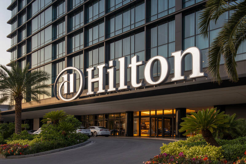 Hilton hotel entrance with oversized logo and glass façade, surrounded by palm trees and landscaped bushes.