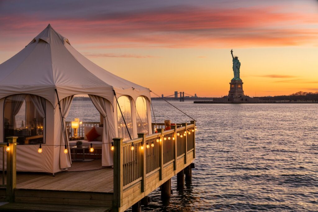 Luxury white tent on a wooden pier over calm water at sunset, string lights along the railing and the Statue of Liberty in the distance.