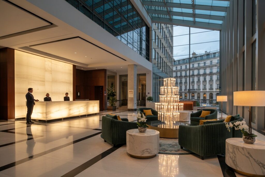Hotel lobby with a glowing reception desk, three staff, and green velvet seating around marble tables.