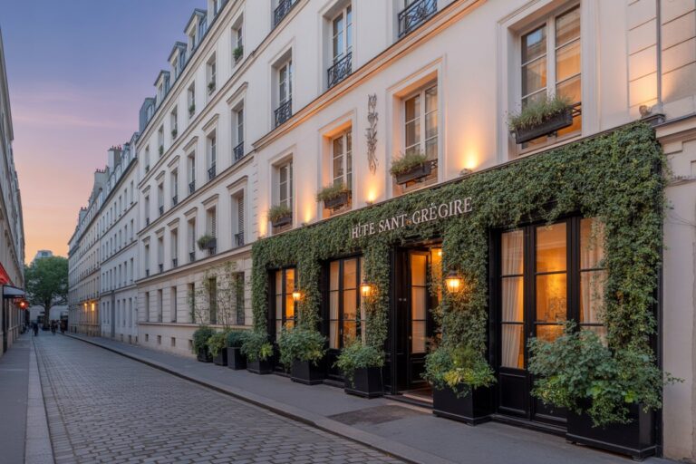 Hotel facade with ivy-covered entrance, warm lights, and potted plants along a Parisian street at dusk