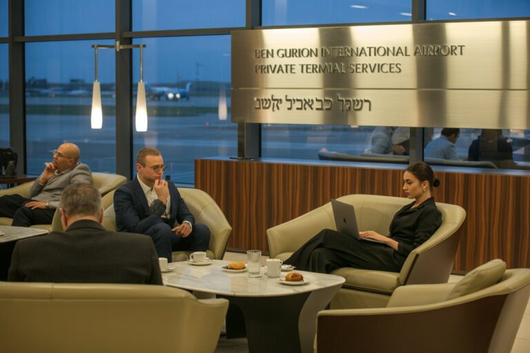 Private terminal lounge at Ben Gurion International Airport with three professionals in business attire seated on beige chairs around a marble coffee table, working and chatting, pastries and coffee on the table.
