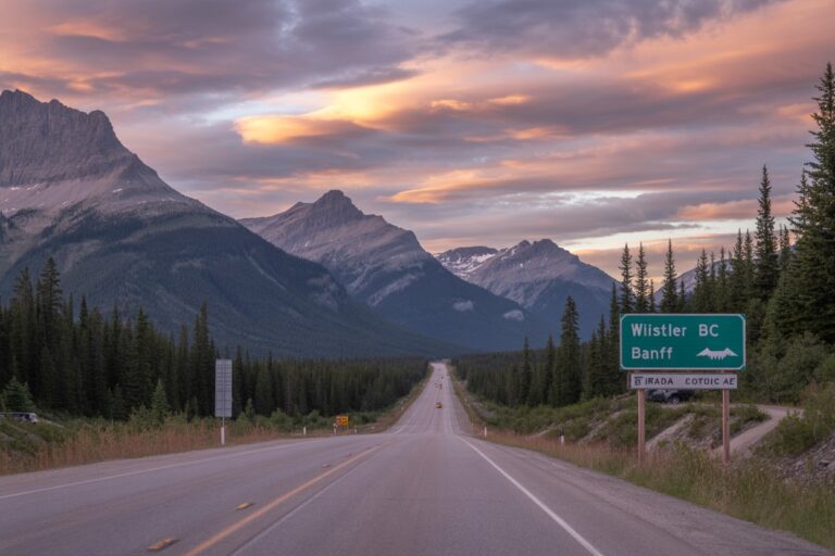 Long road through evergreen forest toward snow-capped mountains at sunset; green Whistler BC Banff sign on the right.
