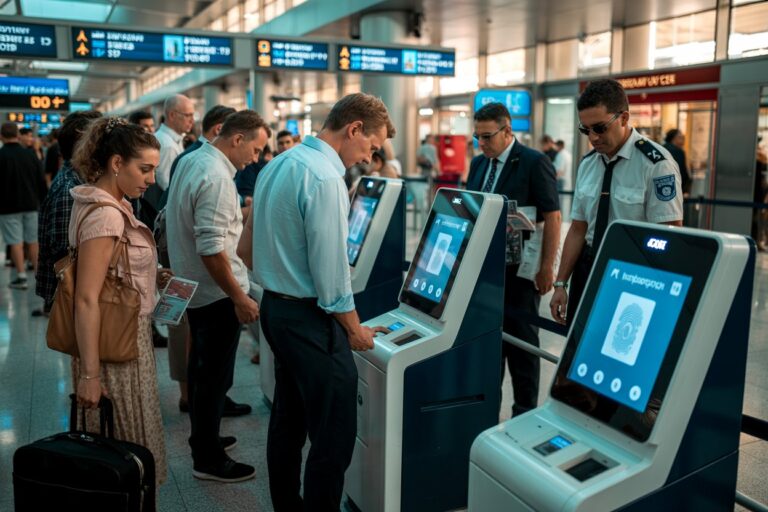 Airport security kiosks: passengers use touch-screen check-in with fingerprint scanners in a busy terminal.