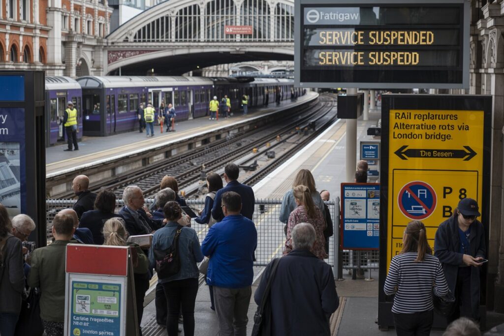 Crowded platform at London Bridge with a purple train on the left and a large yellow sign reading SERVICE SUSPENDED.