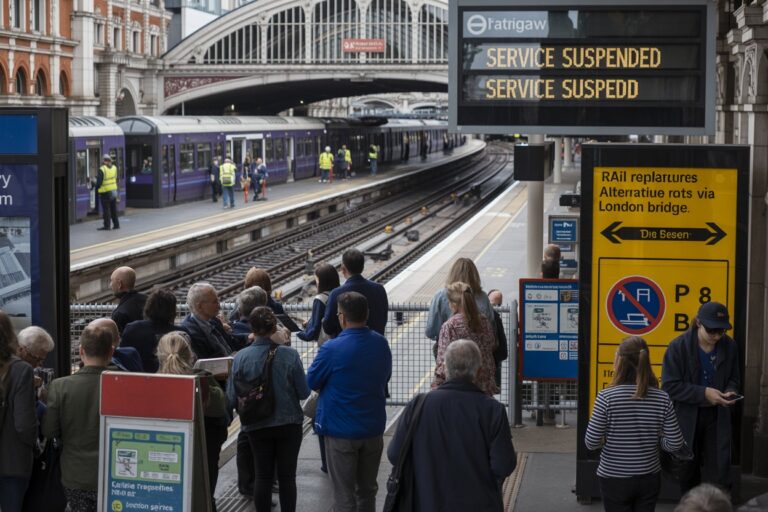 Crowded platform at London Bridge with a purple train on the left and a large yellow sign reading SERVICE SUSPENDED.