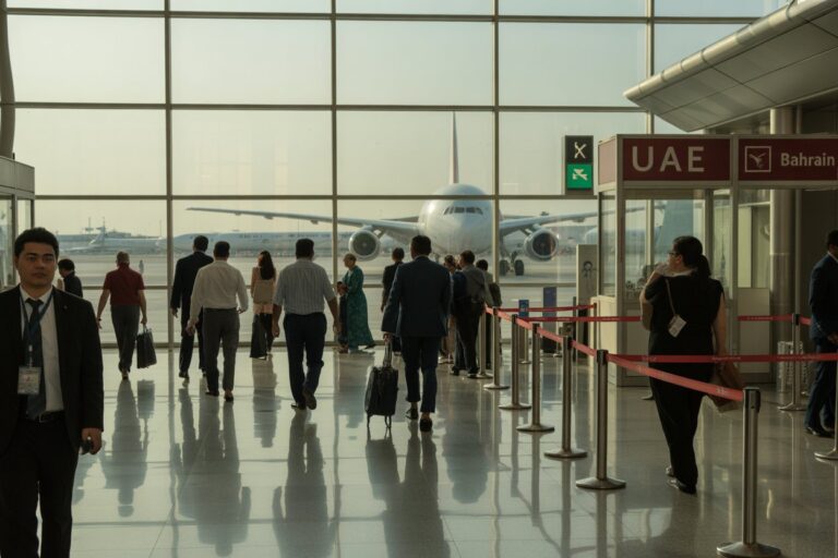 Passengers with rolling suitcases walk through a glass-walled airport terminal as a large jet sits on the tarmac outside, gates and signs visible in the background of the concourse,