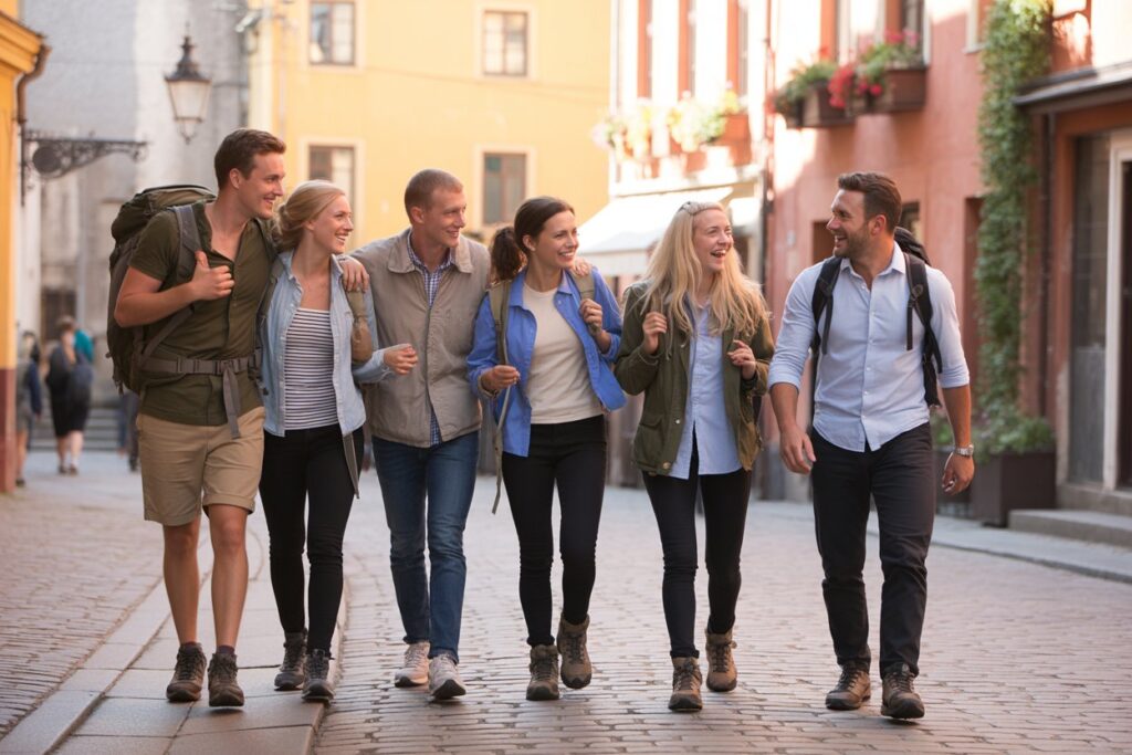 Six friends with backpacks walk arm in arm down a sunlit cobblestone street, smiling and chatting in a sunny town setting.