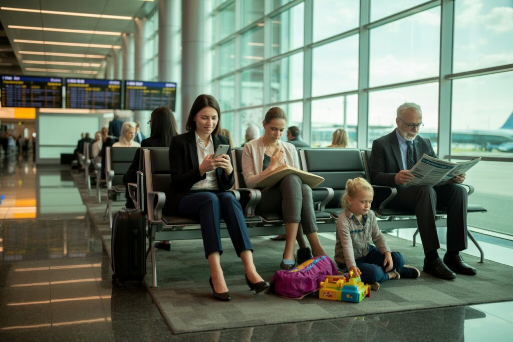 Airport gate lounge: a woman in a blazer uses her phone while another woman reads a folder; a man in a suit reads a newspaper; a child plays with toys on the floor next to a backpack and a small suitcase.