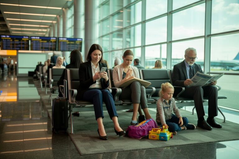 Airport gate lounge: a woman in a blazer uses her phone while another woman reads a folder; a man in a suit reads a newspaper; a child plays with toys on the floor next to a backpack and a small suitcase.