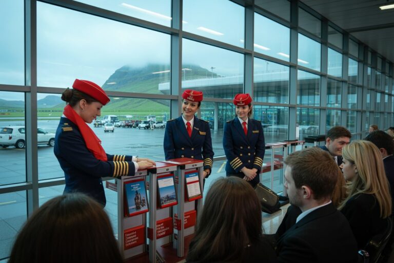Three flight attendants in navy uniforms and red hats assist passengers at a check-in counter in a glass-walled airport terminal.