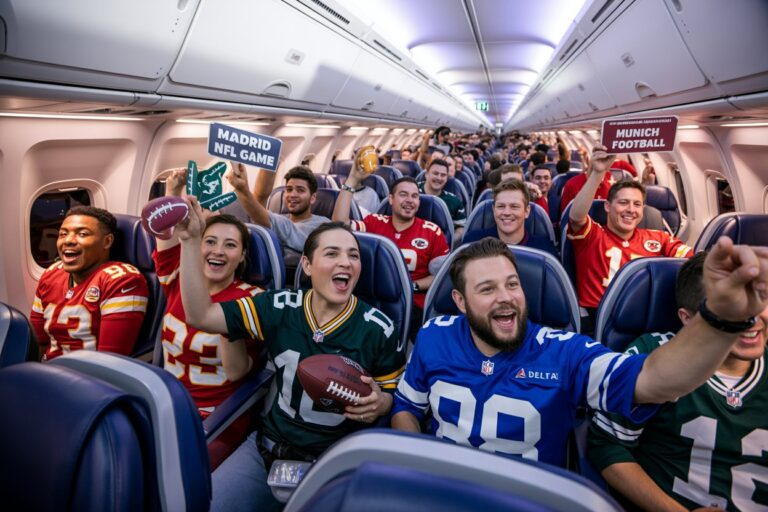 Packed airplane cabin of enthusiastic football fans in team jerseys, holding signs for Madrid NFL Game and Munich Football.