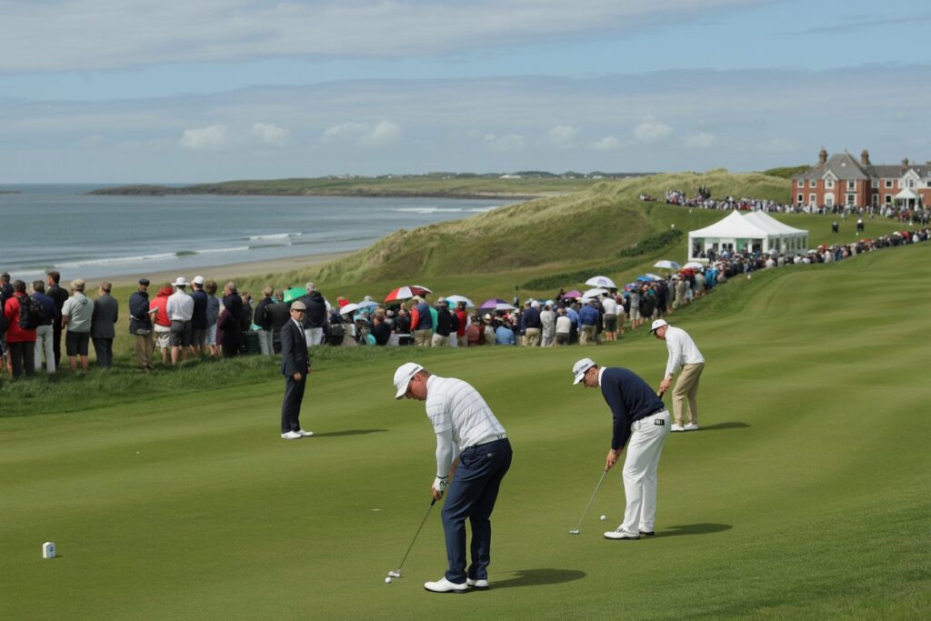 Golfers on a seaside green lining up putts while a crowd watches along the fairway toward a coastline and tents in the distance